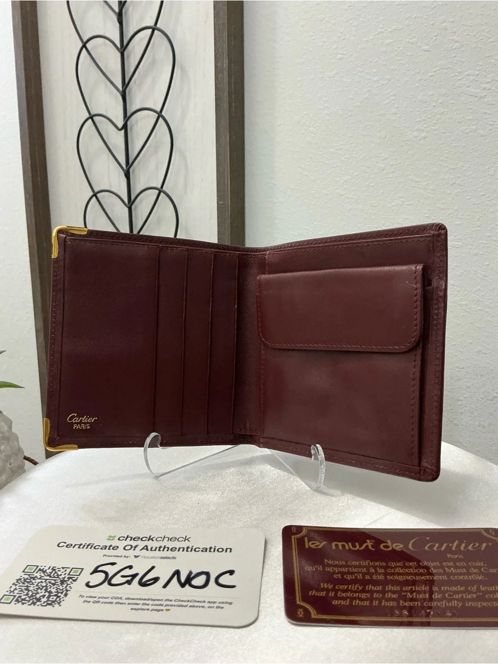 Preowned Vintage Cartier Burgundy Leather Bifold Wallet with 2 COAs